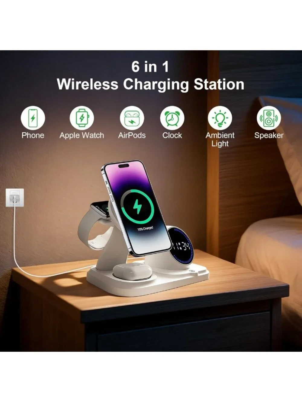 6-in-1 Wireless Charging Station & Bluetooth Speaker with Clock & Ambient Lights